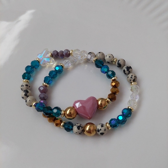 Handcrafted Jewelry Bracelet Set Crystals Porcelain Semi Precious Stainless Stee - Picture 2 of 2